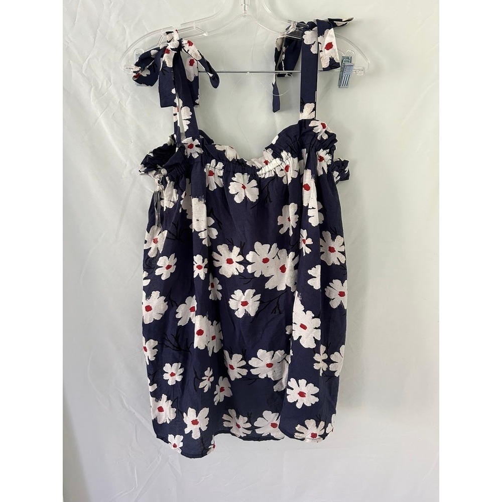 Easel Los Angeles Floral Daisy Tie Shoulder Ruffle Camisole Top Navy Blue Large
